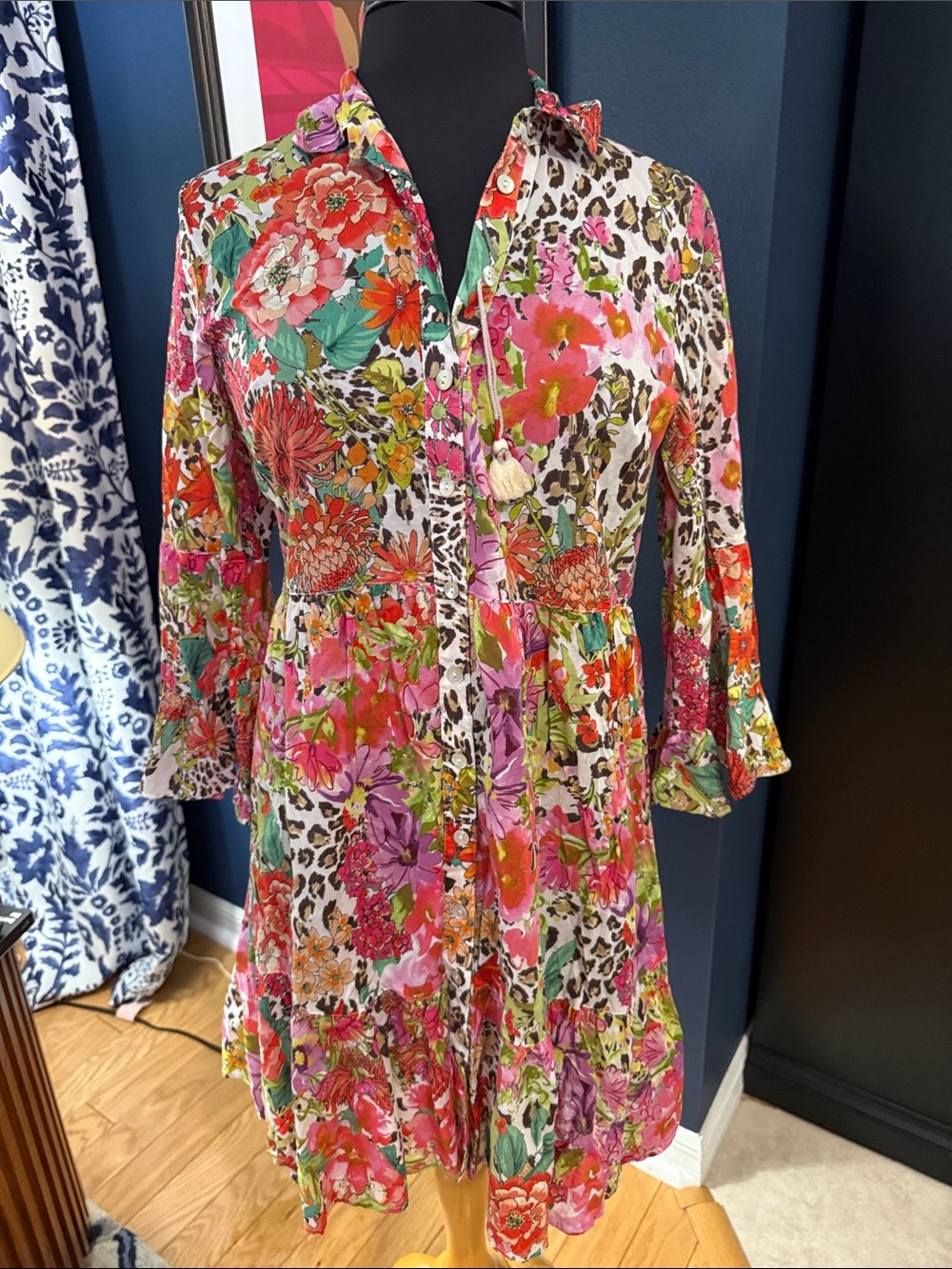 Johnny Was Floral & Leopard Print Mini Dress in Pink, Green, Orange
